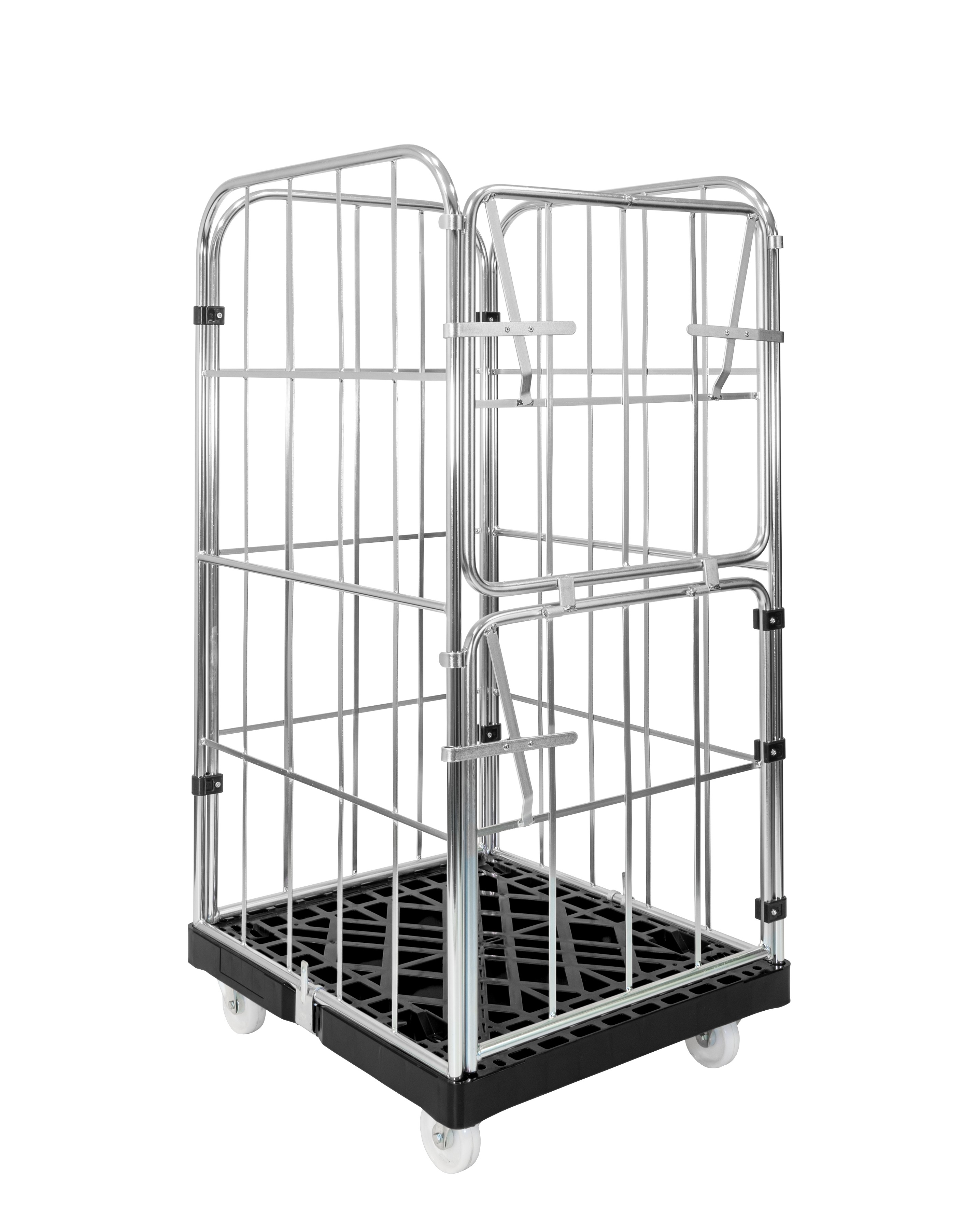 Verzinkter Rollbehälter 4-seitig , 1/2 Vorderwand Kunststoffboden schwarz, 720x815x1545 mm 500 kg Tragkraft, Gitter verzinkt