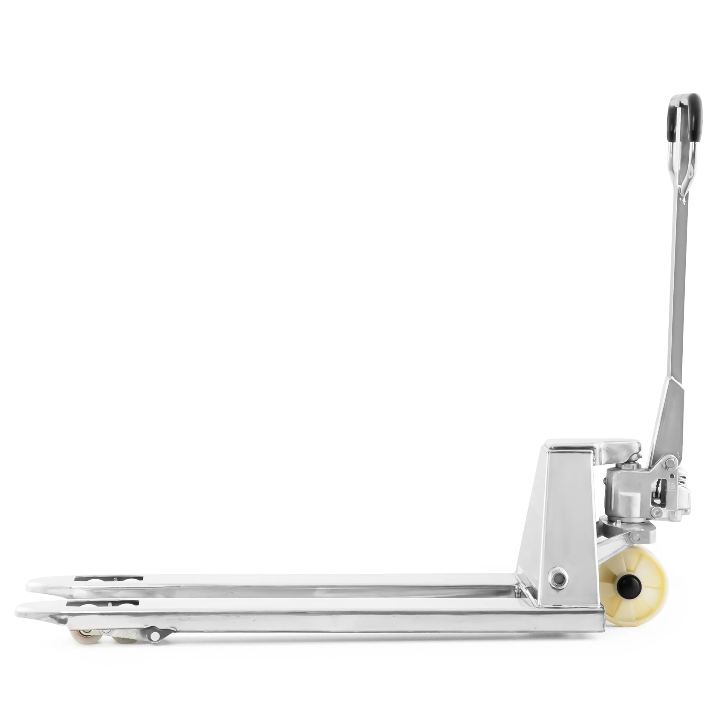 Edelstahl-Gabelhubwagen INOX 2.500 kg, Nylonrollen, 1150 mm Gabeln für Hygienebereiche