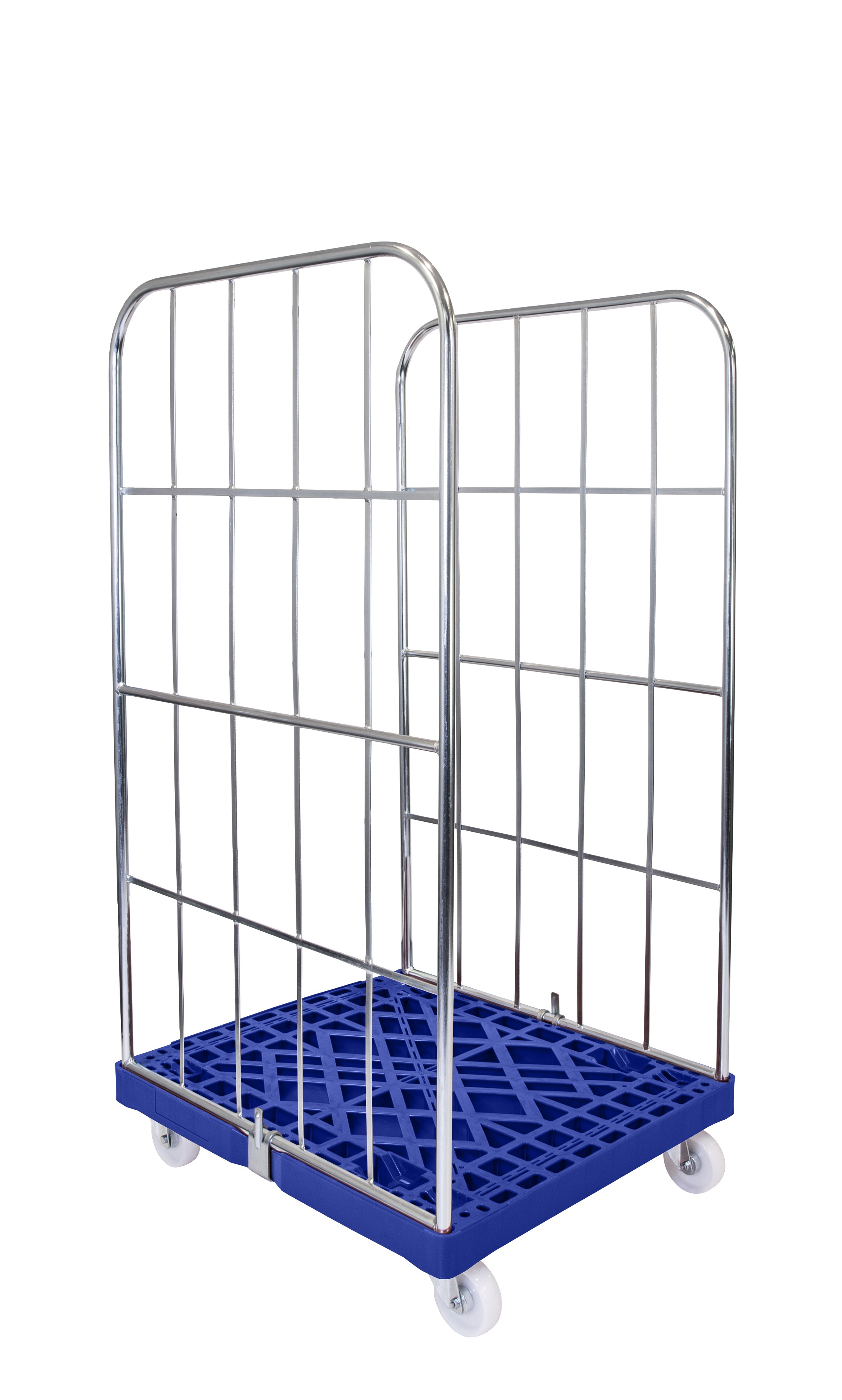 Verzinkter Rollbehälter 2-seitig offen mit Kunststoffboden enzianblau, 720x815x1845 mm 500 kg Tragkraft, Gitter verzinkt