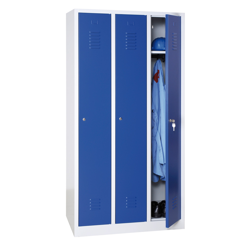 Garderoben-Stahlspinde Breite 1200 mm mit Sockel  3 Türen  RAL7035/5010