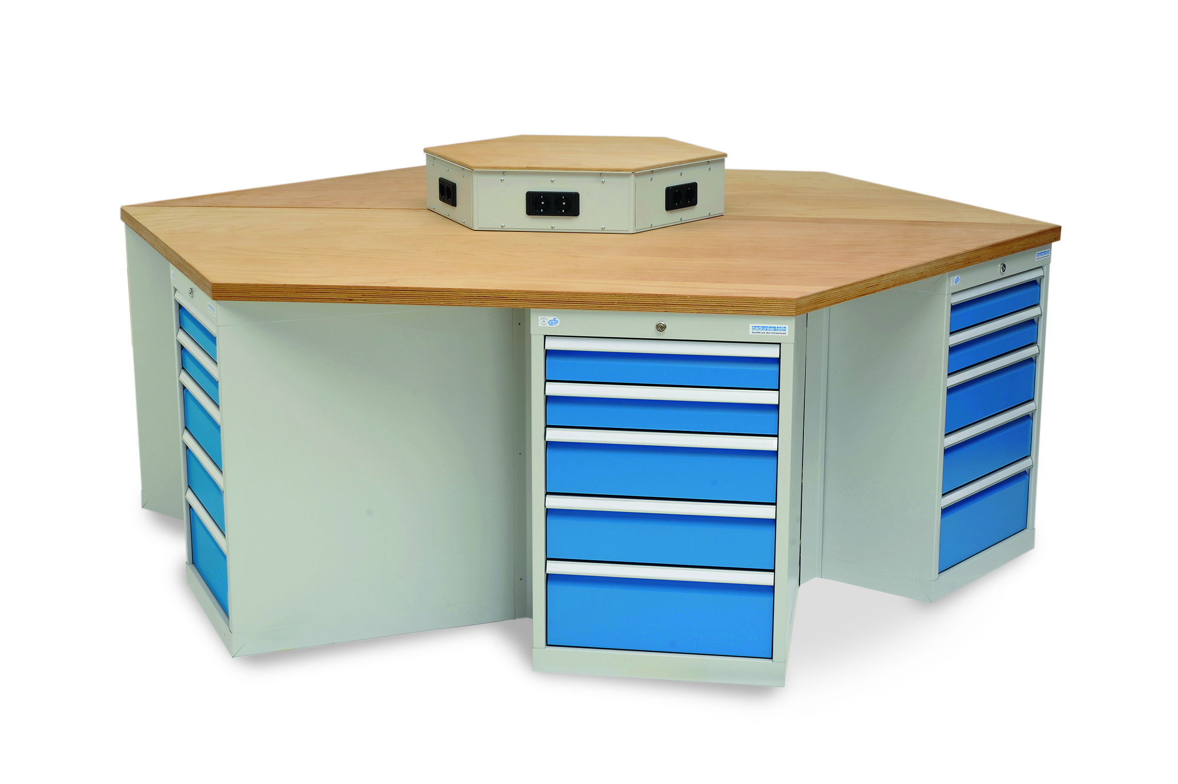 03_66_05V_B-H 6-Eck-Werkbank mit 6 Unterbauschränken 555x736x819 mm 5 Schubladen, 500 kg Tragkraft, Energieaufsatz