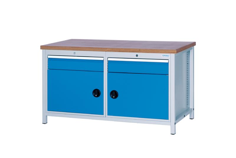 Kastenwerkbank_Tragkraft_1200_kg_Breite_1500_mm_03_15_01VA Kastenwerkbank ,1500x750x959 mm, 2 Schubladen, 2 Schränke, 1000 kg Tragkraft, höhere Arbeitshöhe