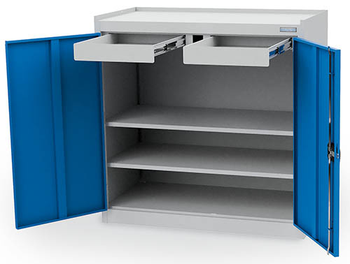 04_110B_B_H_01 Flügeltürschrank 1000x500x1000 mm, 2 Fachböden, 2 Schubladen, Abrollrand - unser Bestseller -