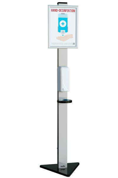 Desinfektionsständer "touchfree" EDELSTAHL Sensor-Spender, 750 ml, DIN A3 Klapprahmen, Höhe 1830 mm